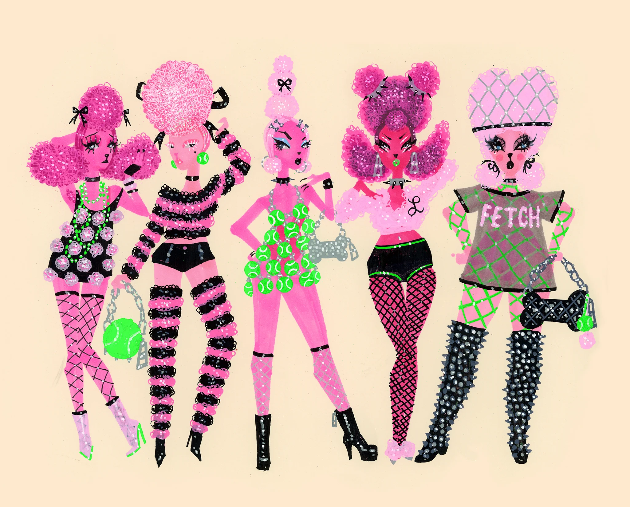 "Pink Poodles with Tennis Balls" Art Print
